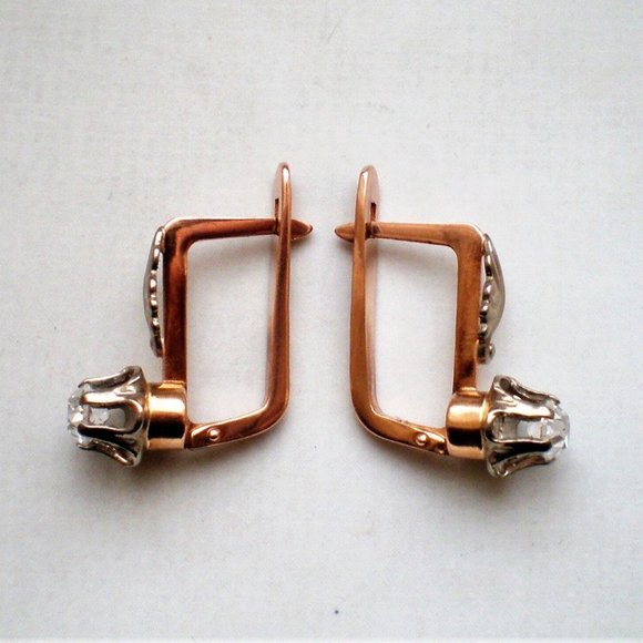 Russian USSR Soviet 14K 585 Rose Pink White Gold 0.50CT CZ Buttercup EAR… - Picture 5 of 8